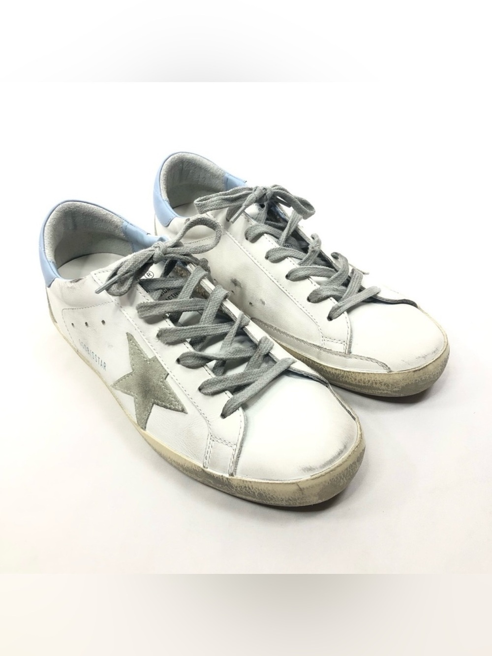 Authentic Golden Goose White Leather Sneakers with Gray Star and Light Blue Heel - Picture 3 of 3